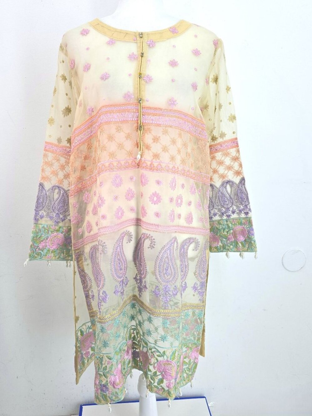 Sadabahar Pastel Pink Cream Embroidered Embellished Pakistani Chiffon Women L